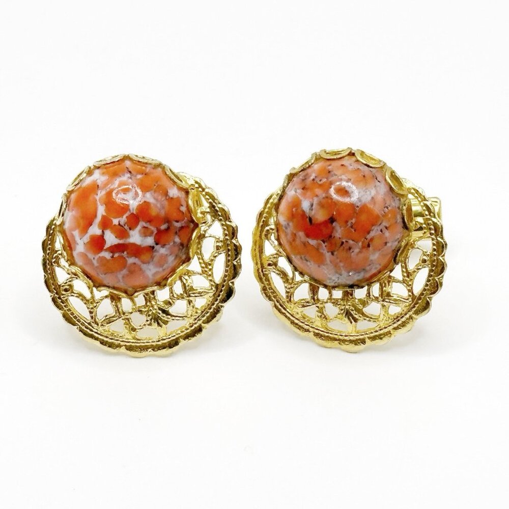 Speckled Art Glass Gold Tone‎ Filigree Cufflinks